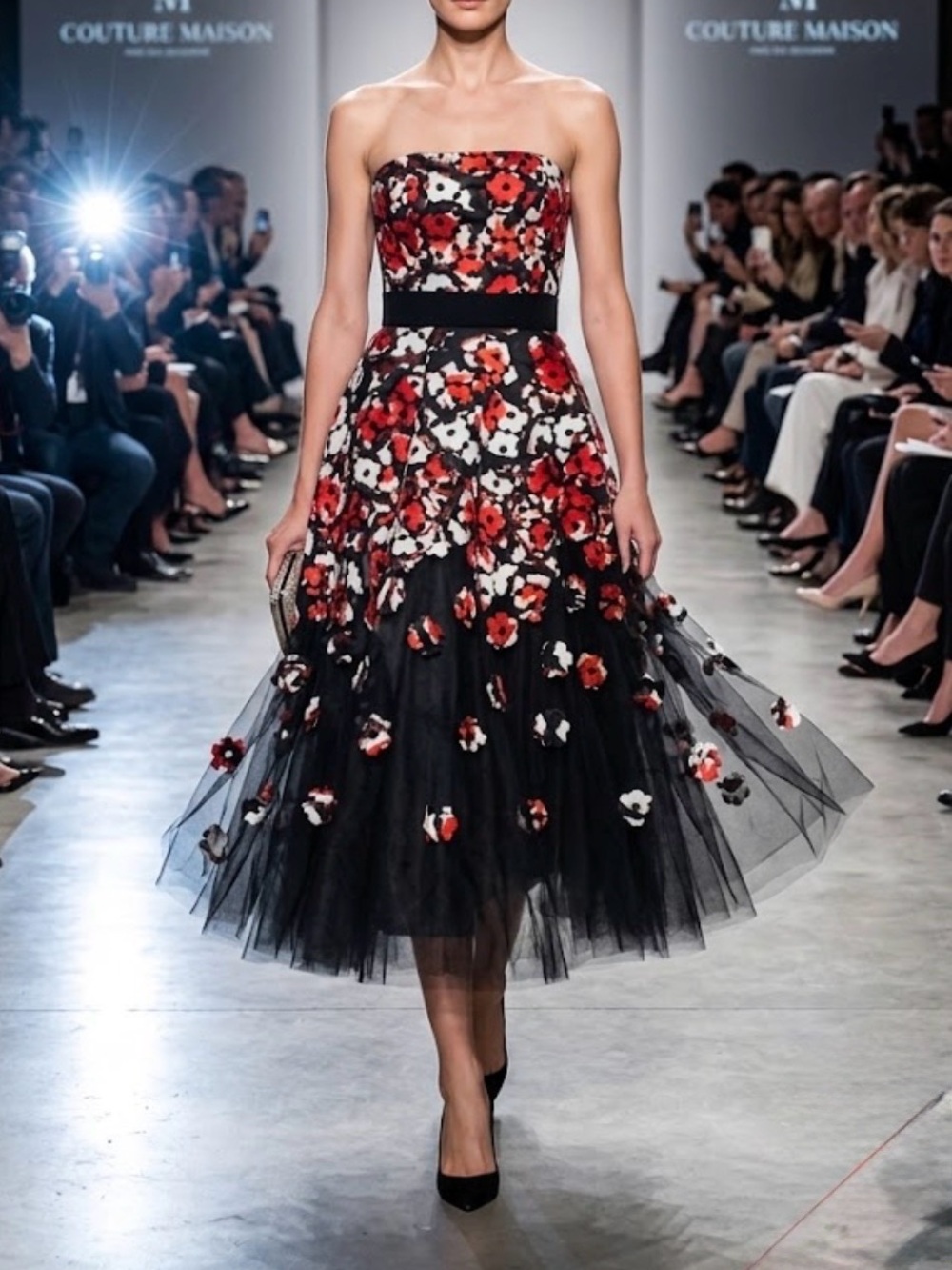 Sachin & Babi Floral Strapless Midi Dress in Black & Red Size 6